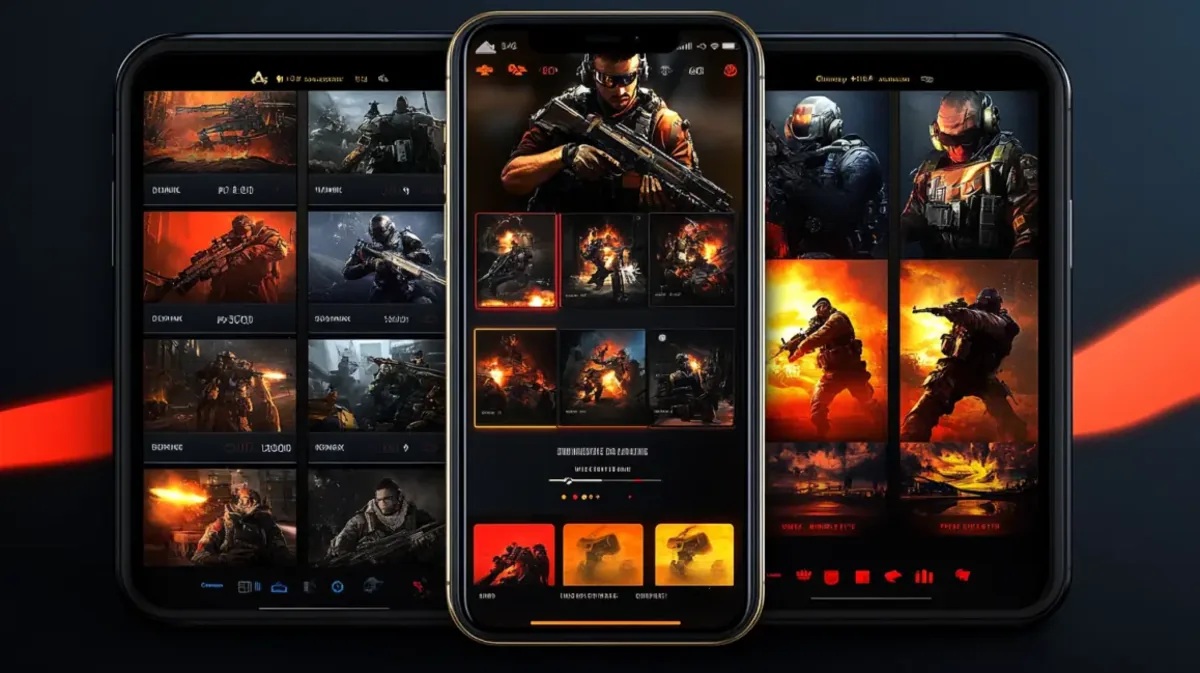 Three smartphones display the user interface of a dark-themed ywkk military action game. The screens show character selection, mission galleries, and game lobbies, all with a fiery, intense aesthetic that promises thrilling gameplay.