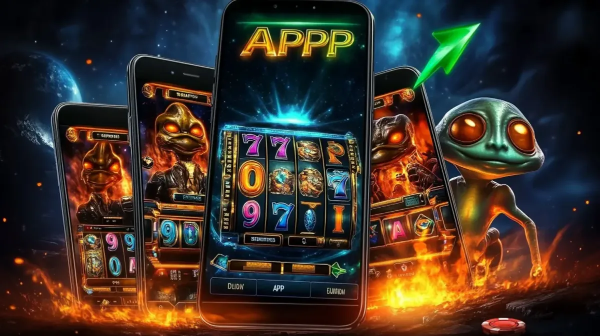 A collection of smartphones showcases an alien-themed slot game on the ywkk app. The central phone is surrounded by flames, with a friendly green alien and an upward-trending arrow, symbolizing rising profits and exciting gameplay on ywkk.