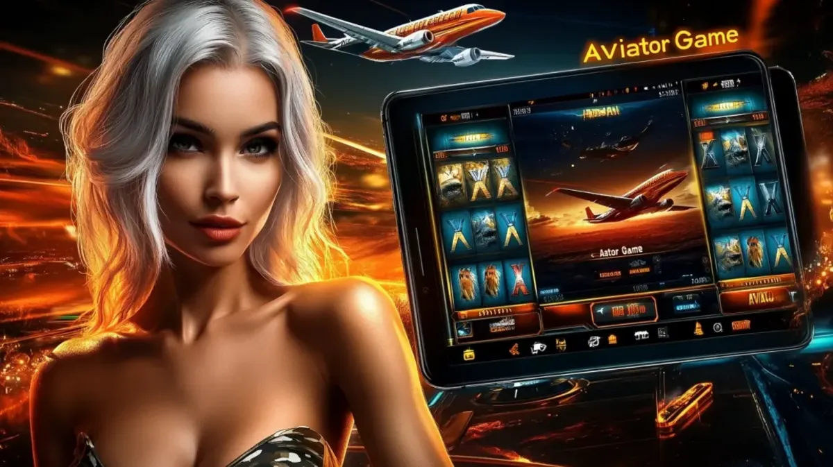 A glamorous woman with white hair next to a tablet showcasing the Aviator Game interface on ywkk. The screen displays the game's betting options and flight path, with an orange-hued, high-speed background suggesting fast-paced action.