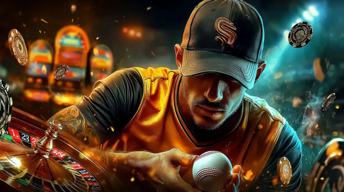 A focused, tattooed man in a baseball cap holds a baseball while sitting at a roulette table. This creative image merges the worlds of sports betting and casino gaming, all available on the ywkk platform, with casino chips flying around.