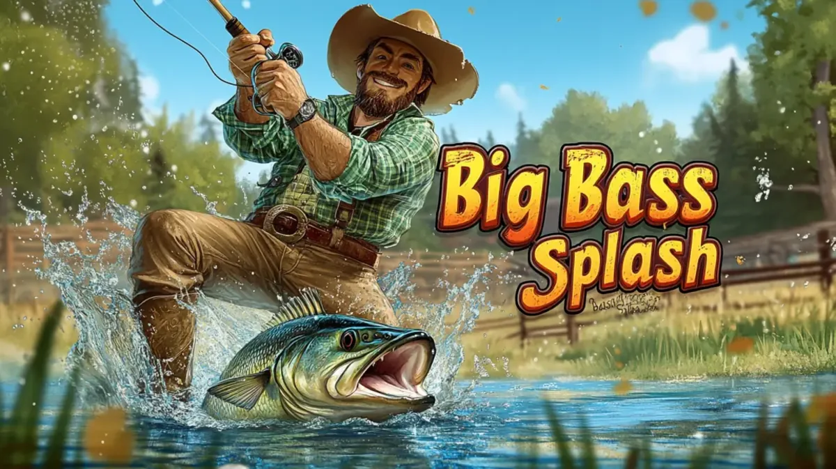Promotional art for the Big Bass Splash game on the ywkk platform. A happy fisherman in a cowboy hat reels in a massive bass fish that is splashing out of the water, illustrating the exciting theme of this popular slot game.