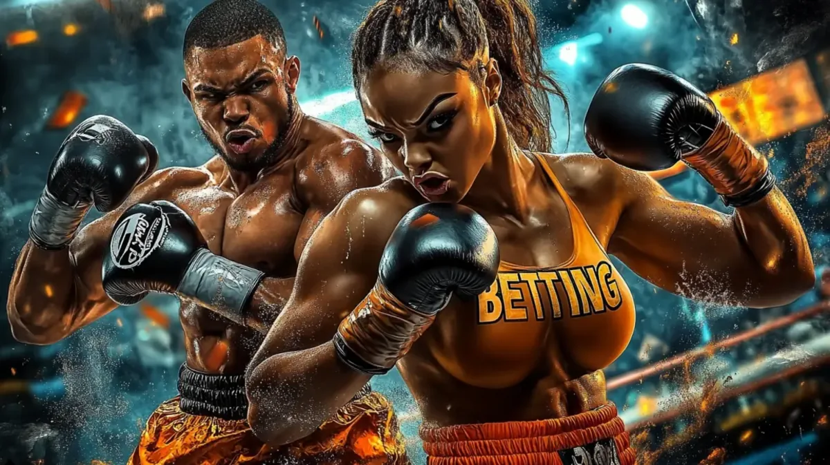 A powerful male and female boxer in fighting stances, ready for a match. The woman's top has the word BETTING on it, promoting the thrilling experience of betting on combat sports and boxing events with ywkk.