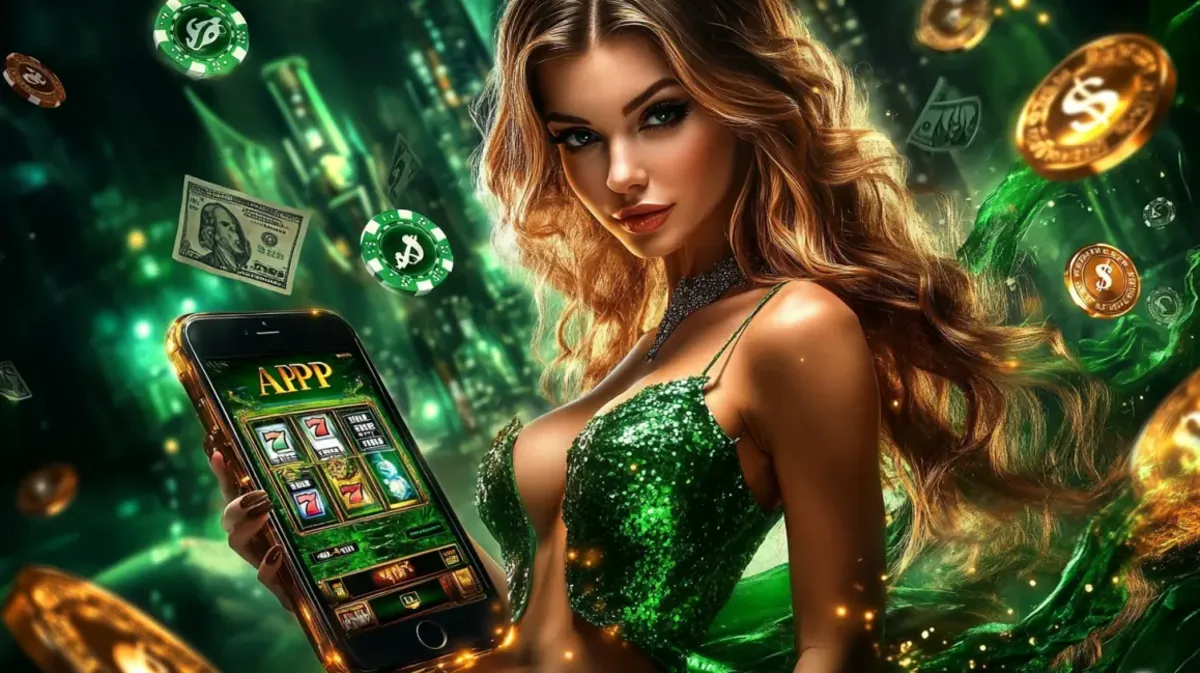 A gorgeous woman in a shimmering green outfit smiles while holding a smartphone with the ywkk app open to a slot machine game. Floating dollar bills and casino chips surround her, set against a vibrant green, city-like background.