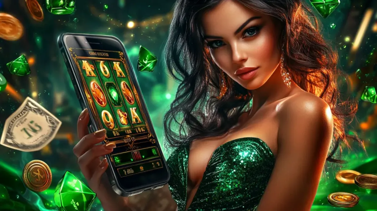 A beautiful woman in a sparkling green dress holds a phone showing a gem-themed slot game from ywkk. The scene is filled with floating green gems, dollar bills, and gold coins, representing the wealth and fortune that can be won on ywkk casino.