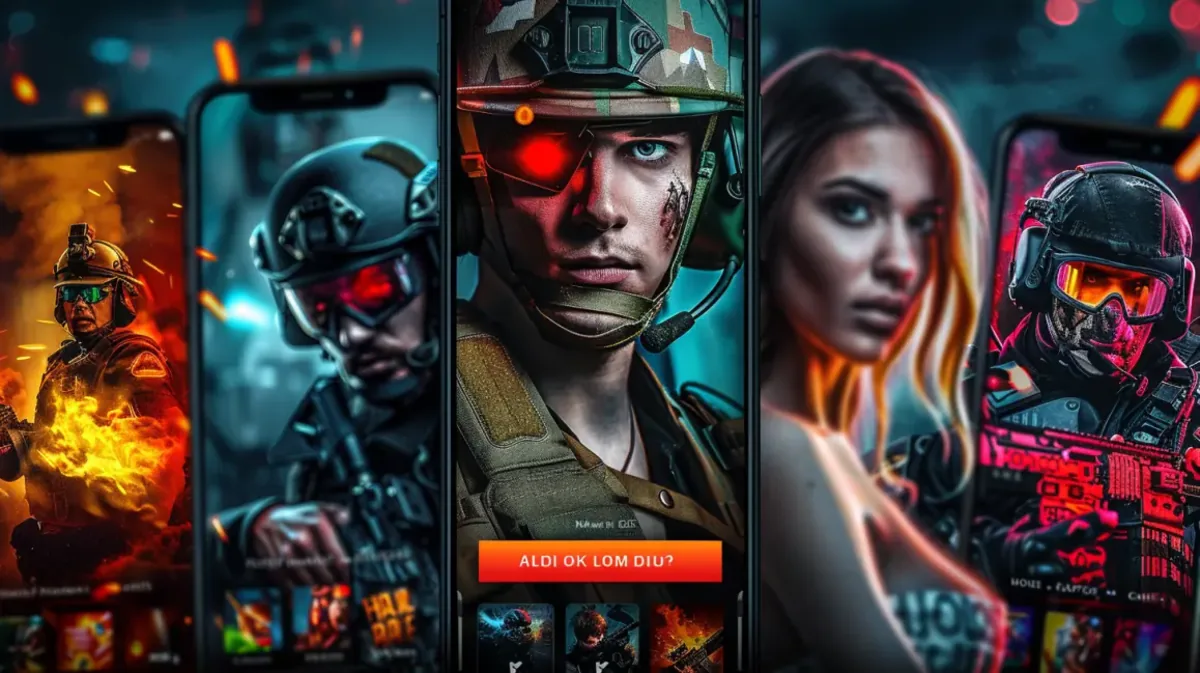 A collage of smartphone screens showcasing the ywkk action shooter game. The central screen features a soldier with a glowing red eye and a call-to-action button, surrounded by other images of soldiers in tactical gear, ready for a mission.