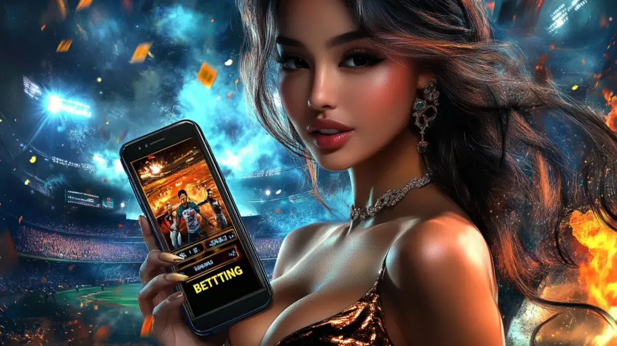 An elegant woman presents a smartphone with the ywkk sports betting app open to a baseball game. She is set against a packed stadium at night, with dramatic lighting and flames heightening the thrill of live sports betting on the ywkk platform.