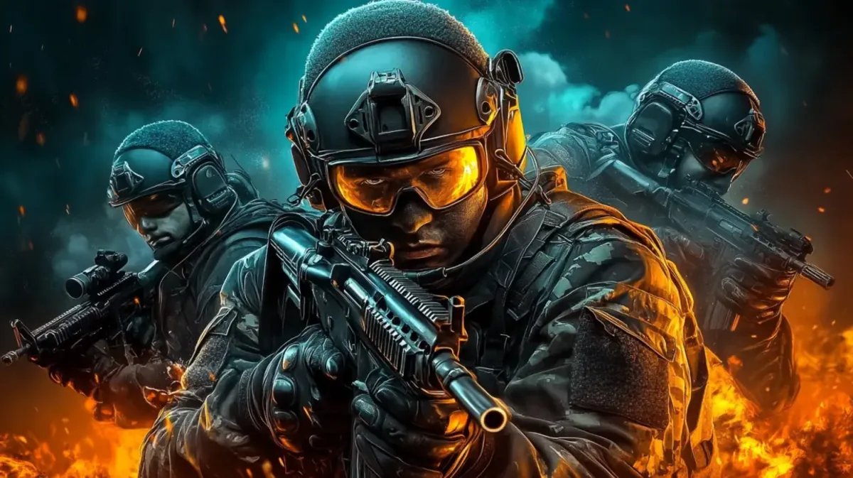 An intense scene from a ywkk action game featuring three heavily armed SWAT team soldiers. The central figure aims his rifle forward, with fire and smoke in the background, conveying the high-stakes, tactical gameplay offered by ywkk.